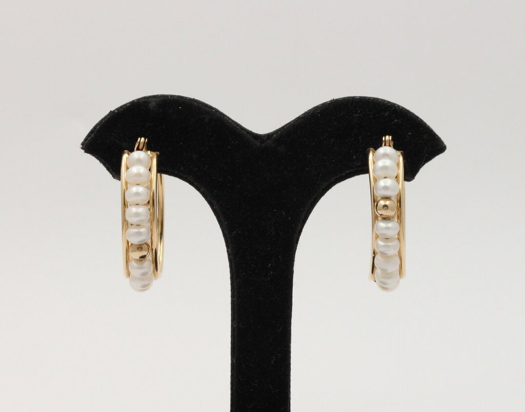 Vintage Hoop 14K Yellow Gold Cultured Pearl Earrings