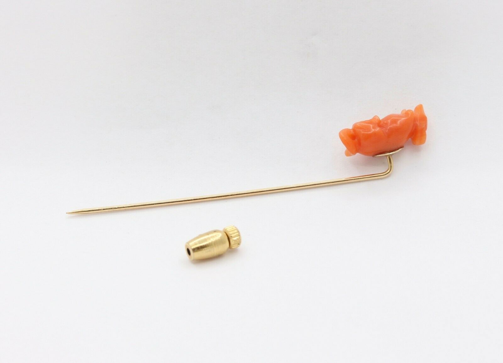 Vintage 14K Yellow Gold Carved Coral Mouse Stick Pin