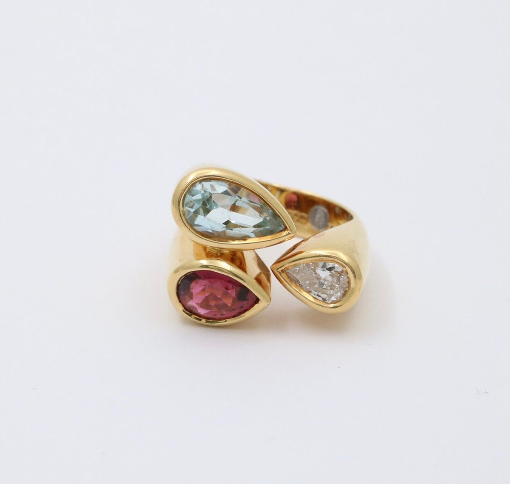 Vintage Geometric Diamond Aquamarine Tourmaline 18K Yellow Gold Ring