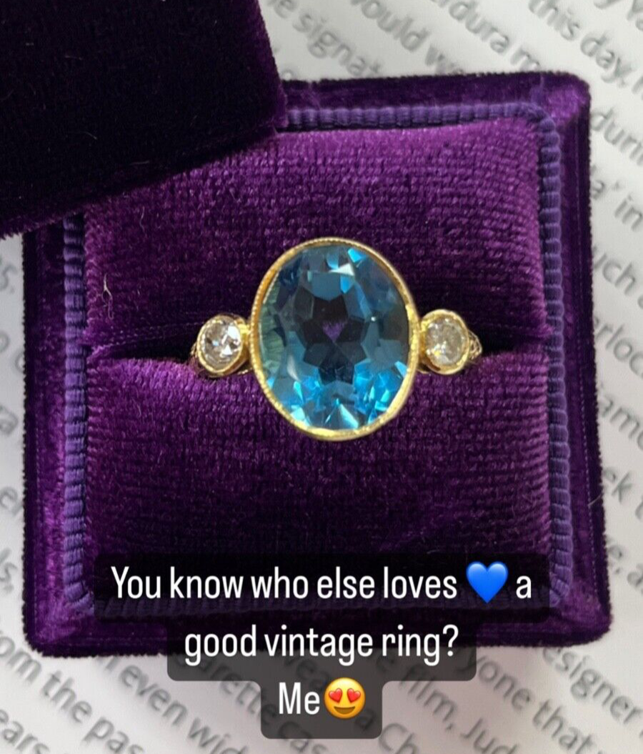 Vintage 14K Yellow Gold London Blue Topaz and Diamond Statement Ring