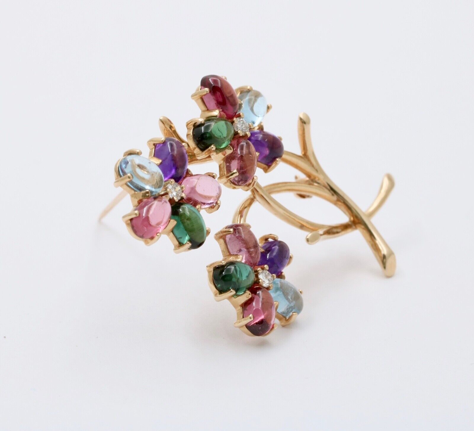 Vintage 14K Gold Multi Color Stones Diamond Flower Bouquet Brooch. Pin.