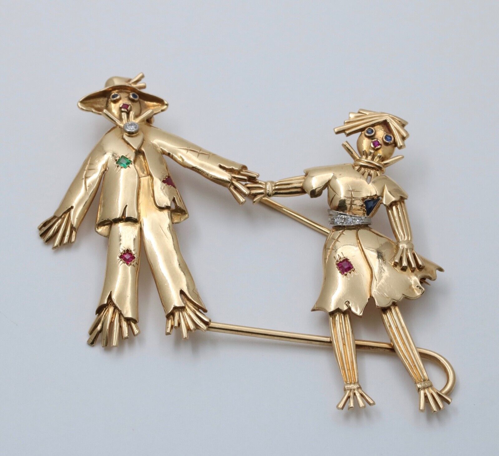 Vintage Raggedy Ann and Andy Diamonds Sapphires Emeralds 14K YG Brooch Pin