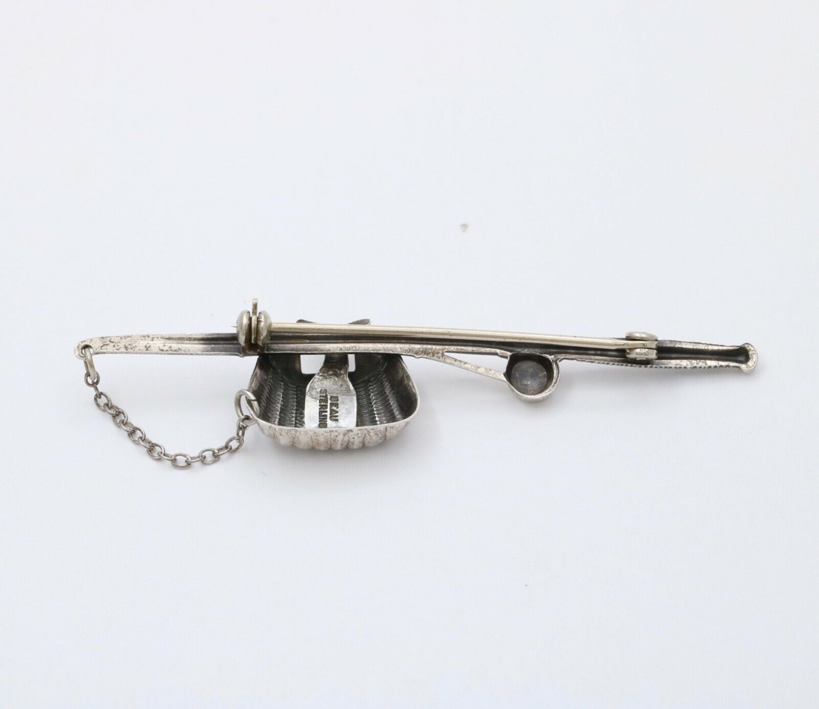 Beau Sterling Silver Fishing Rod and Creel Basket Brooch