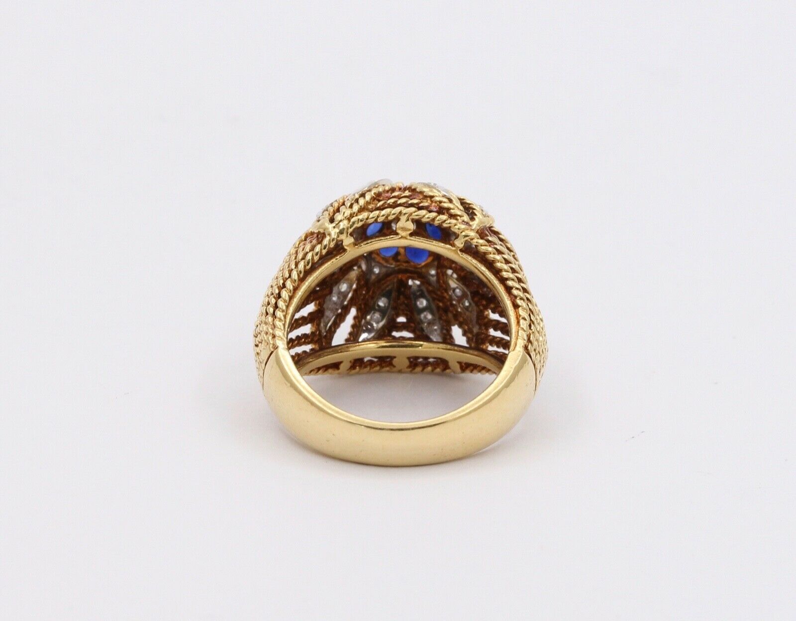 Italian Vintage High Dome Cluster Ring Sapphires Diamonds 18K YG WG Ring