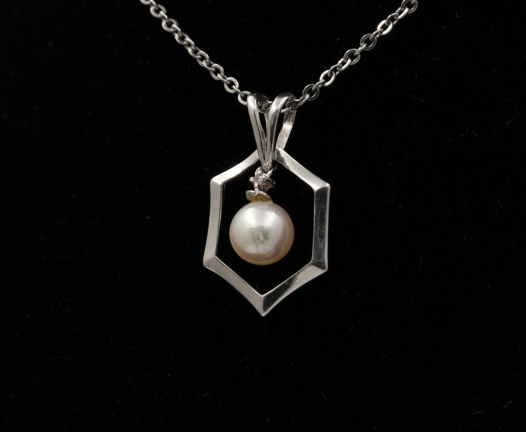 Estate 14K White Gold 6.5 mm Pearl Pendant, Bridal Jewelry.
