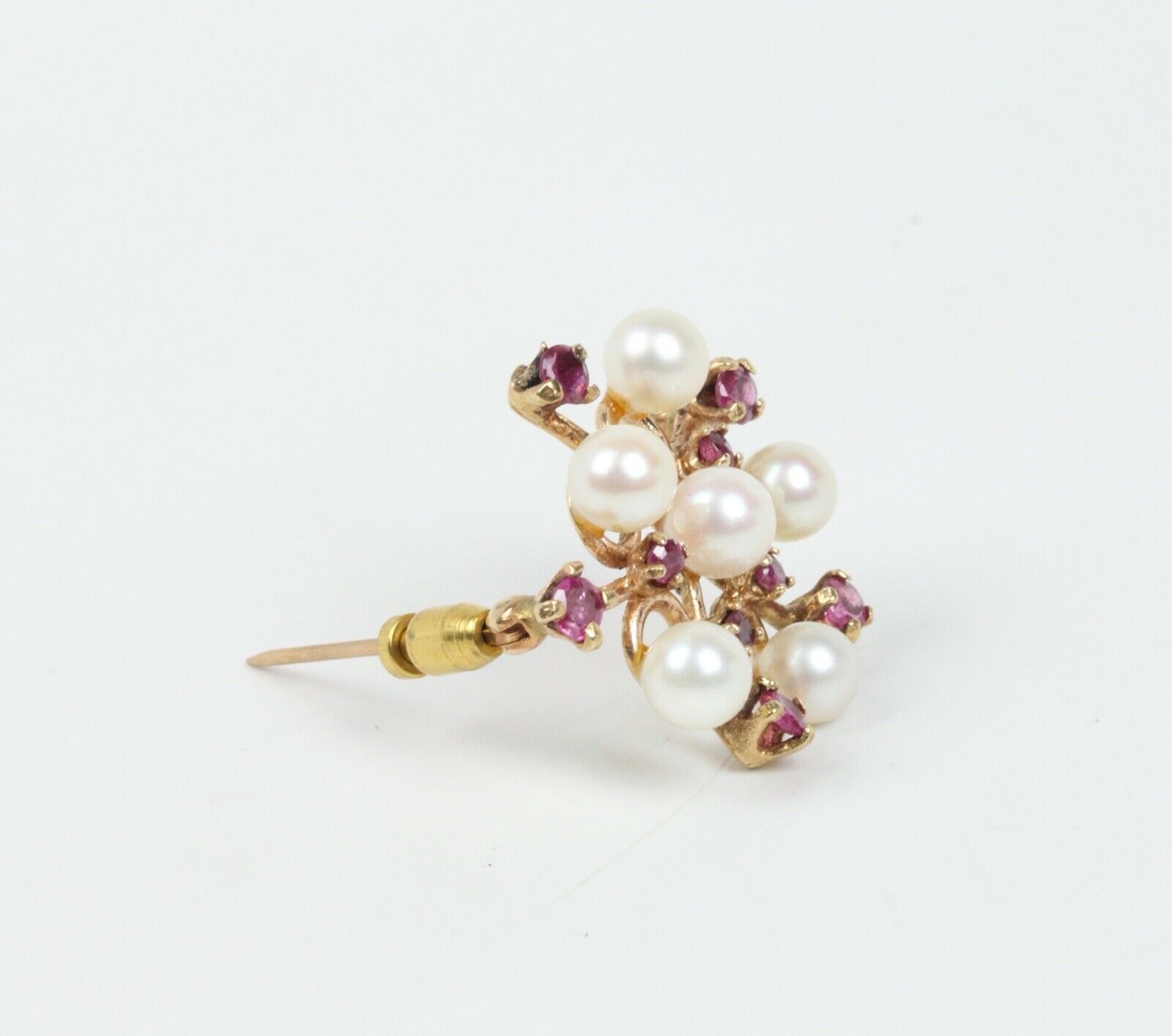 Vintage 14K Yellow Gold Rubies Cultured Pearls Pendant Brooch