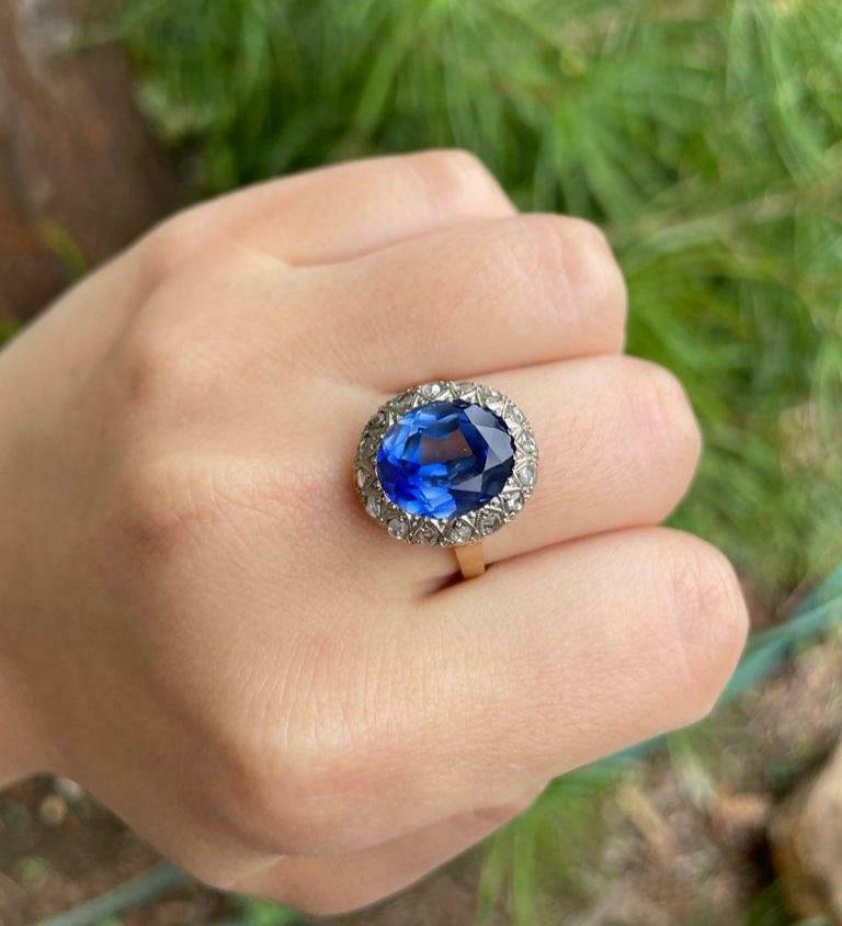Victorian 18K Yellow Gold Rose Cut Diamond Sapphire Cocktail Ring