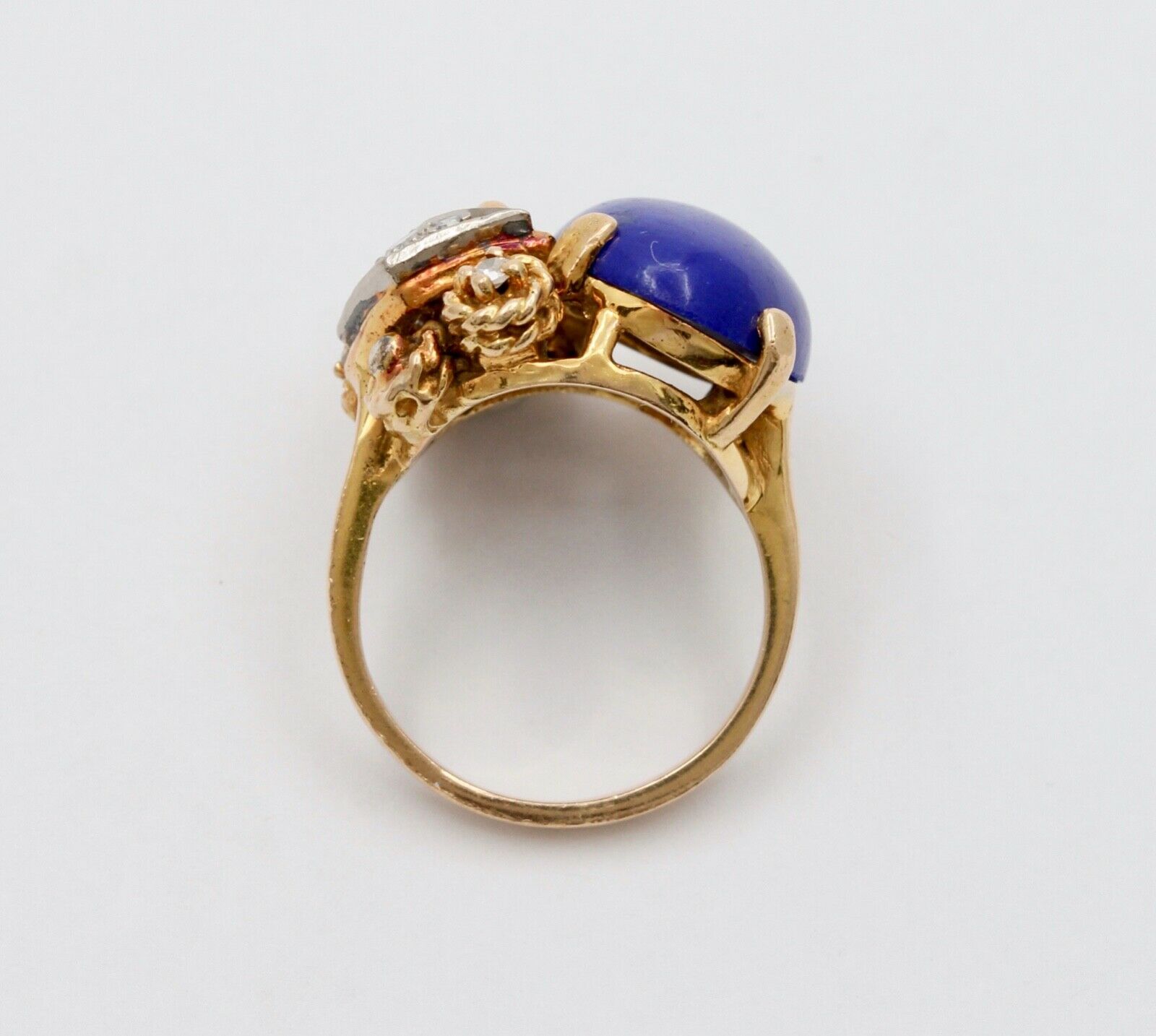 Vintage 14K Yellow Gold Lapis Lazuli & Diamond Artistic Ring