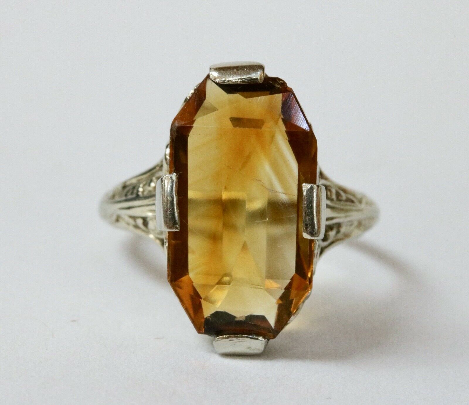 Art Deco Citrine 18K White Gold Filagree Ring