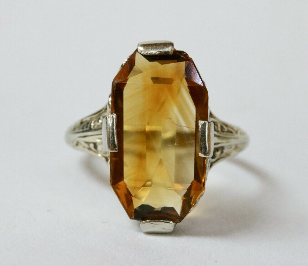 Art Deco Citrine 18K White Gold Filagree Ring