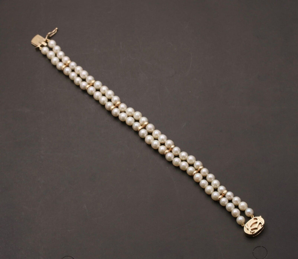 Vintage 14K Yellow Gold Beaded Two Layer Pearl Bridal Bracelets