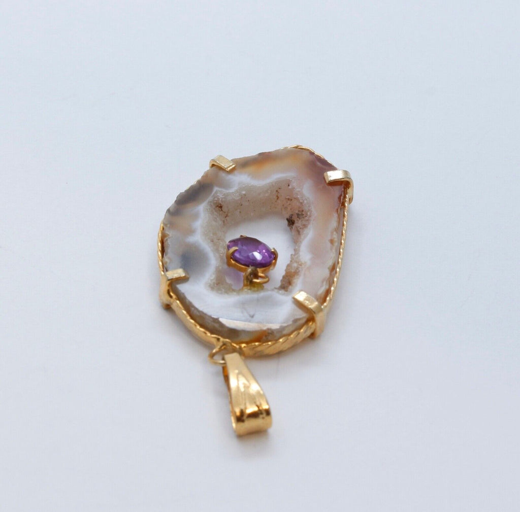 Vintage Agate Geode Crystal & Amethyst February Birthstone Pendant