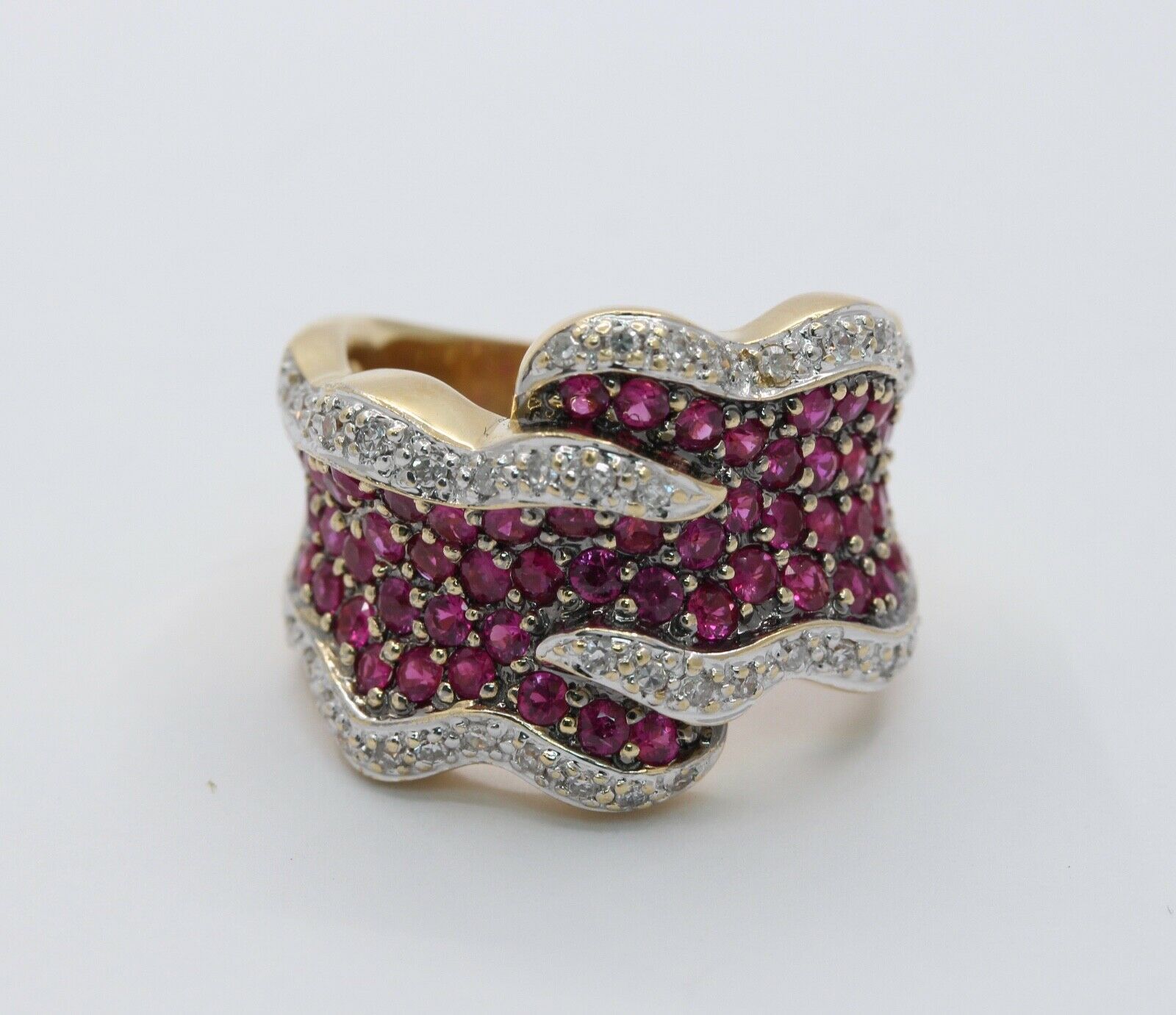 Vintage Ladies 14K Yellow Gold Rubies Diamonds Bypass Ring