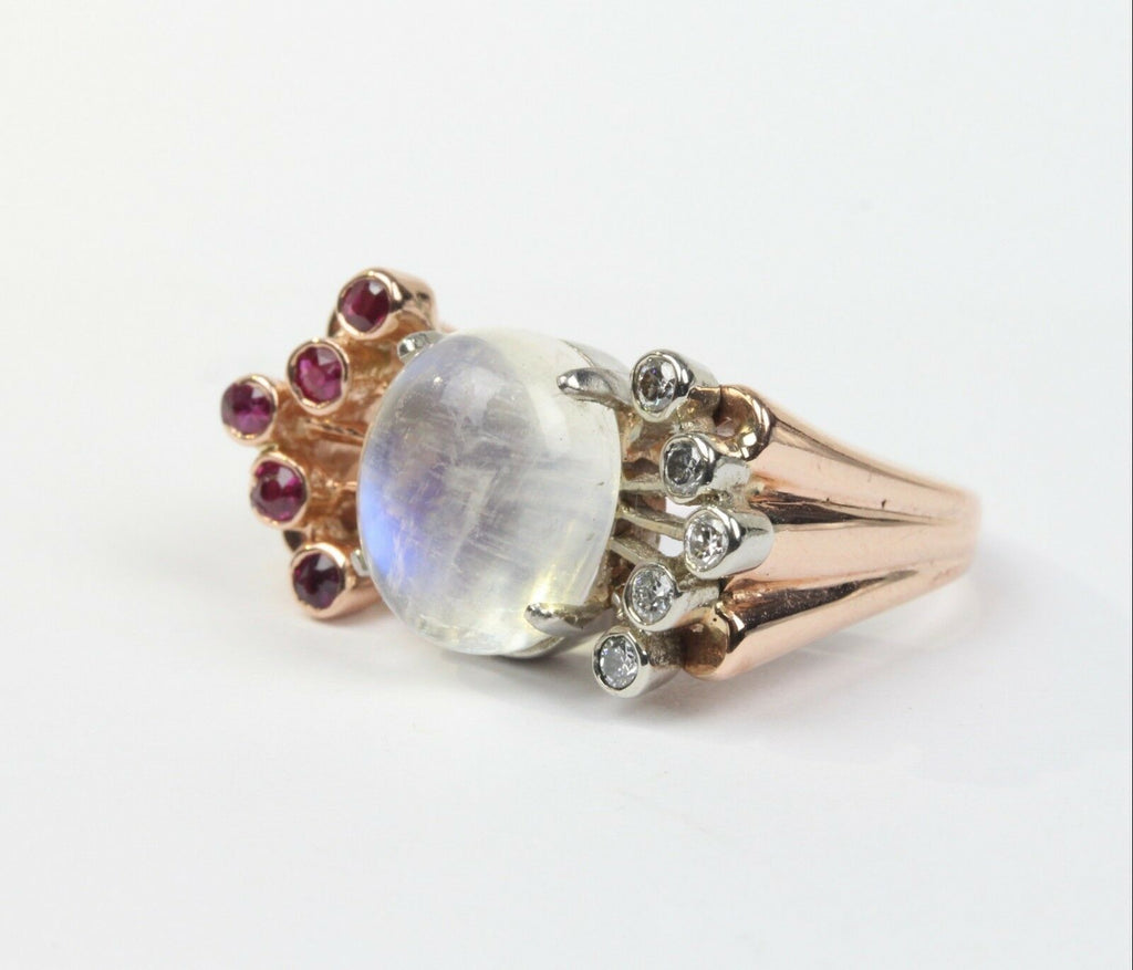 Retro 14K Rose Gold Moonstone Diamond Ruby Ring