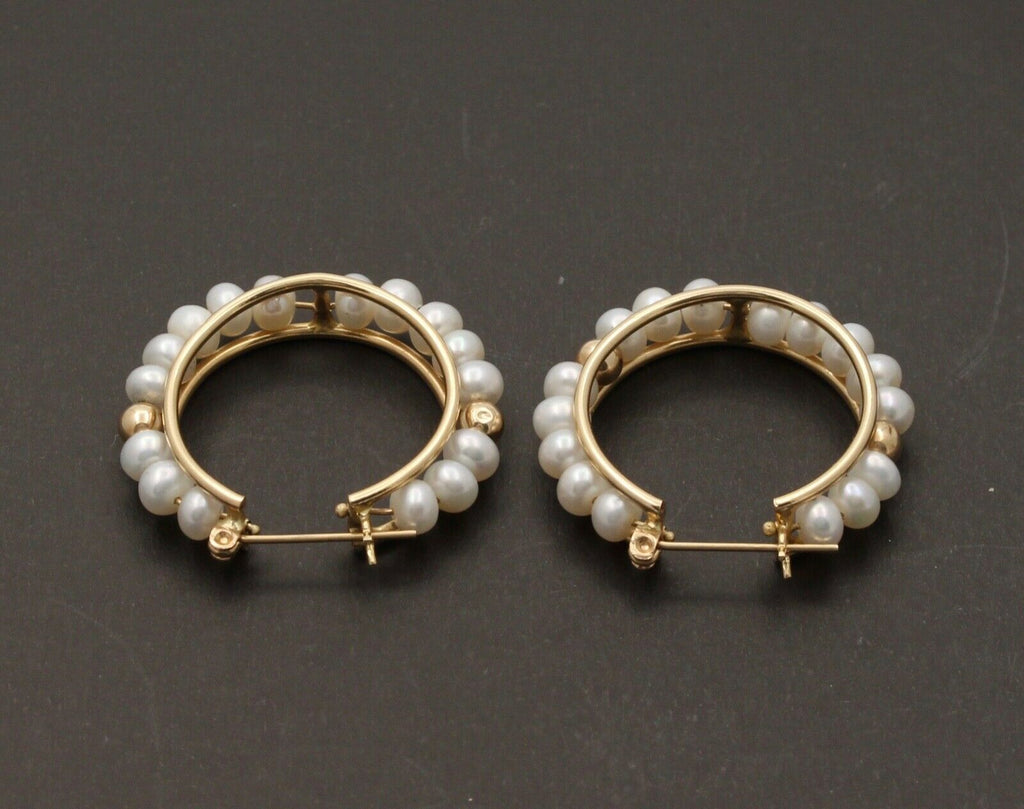 Vintage Hoop 14K Yellow Gold Cultured Pearl Earrings