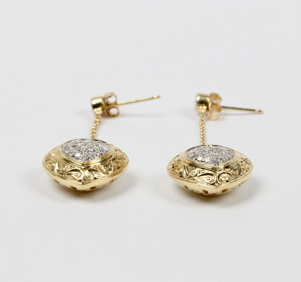 Vintage 14K Yellow Gold Diamond Heart Dangling Earrings