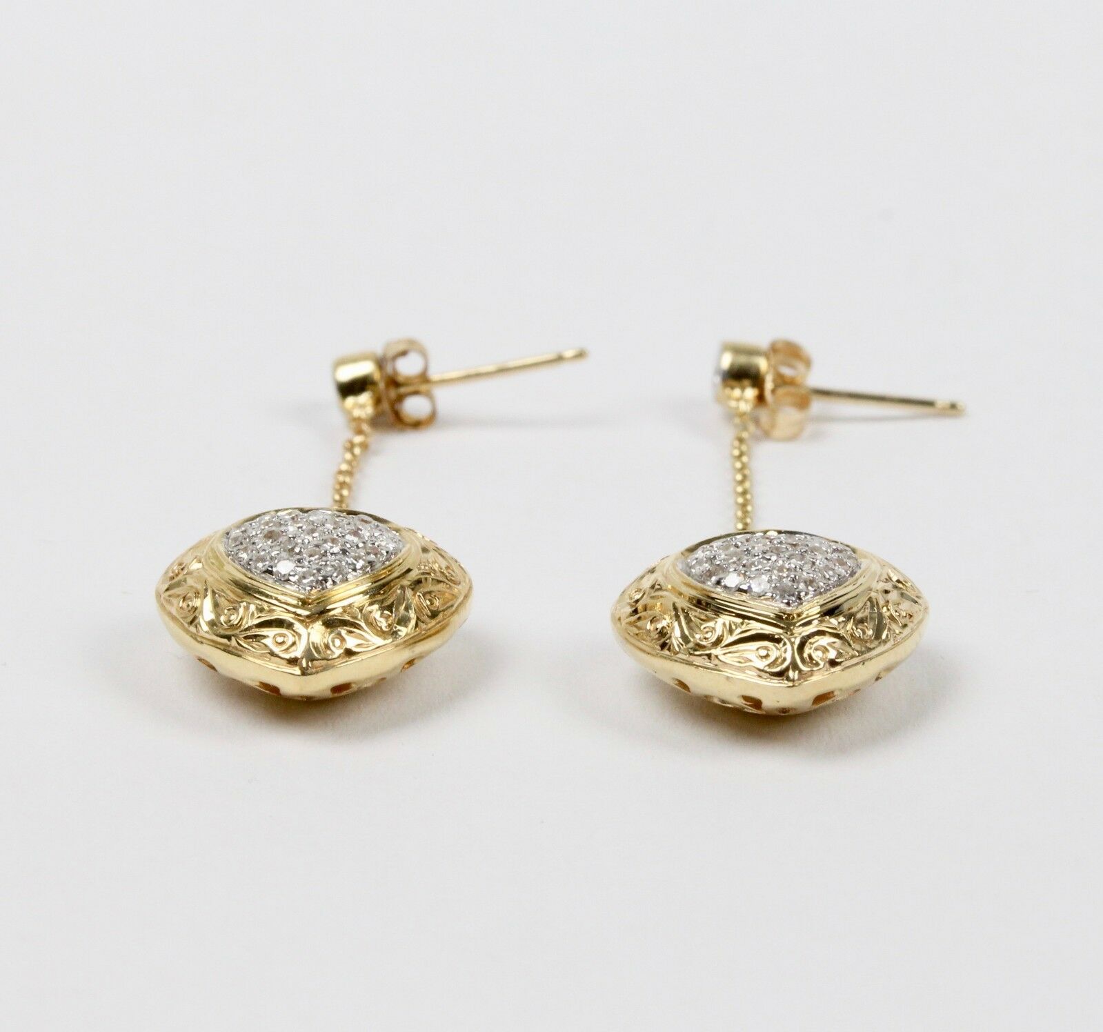 Vintage 14K Yellow Gold Diamond Heart Dangling Earrings