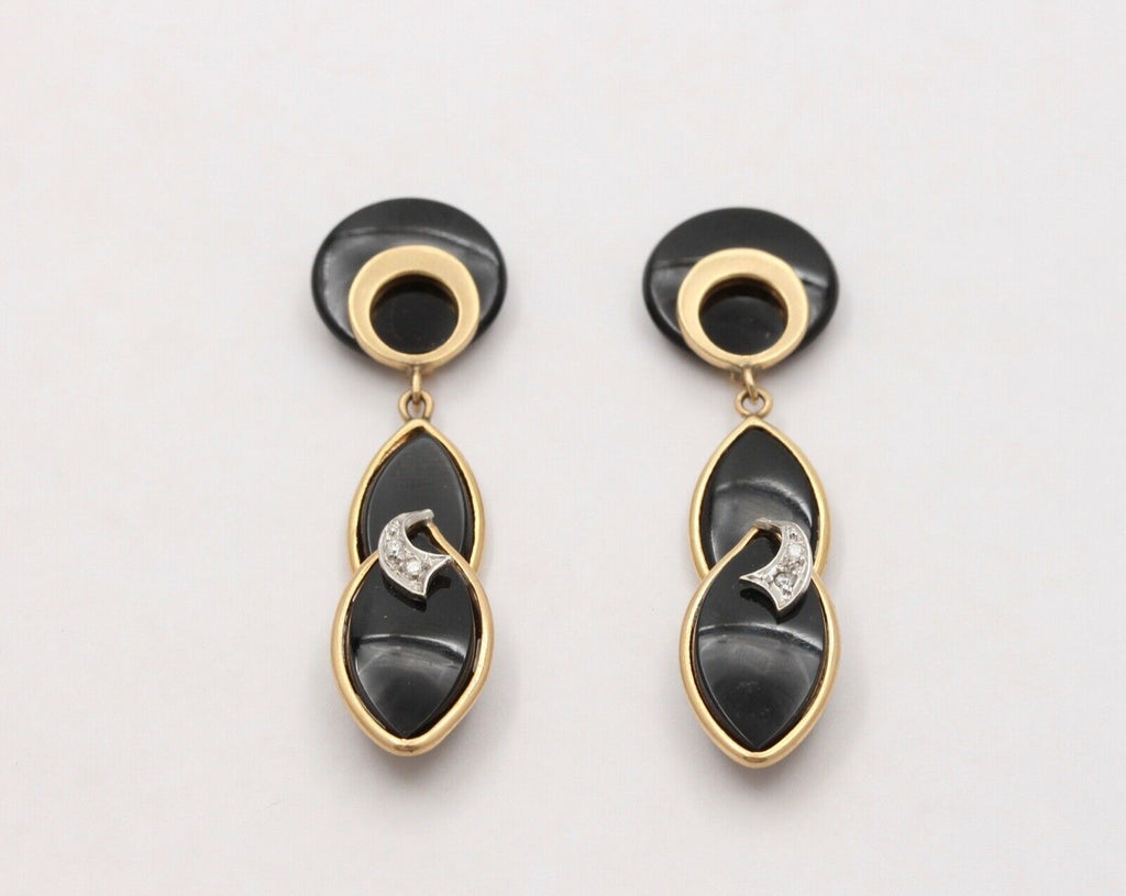 Vintage Funky Onyx 14K Yellow Gold Diamond Dangling Earrings, Drop Earrings.