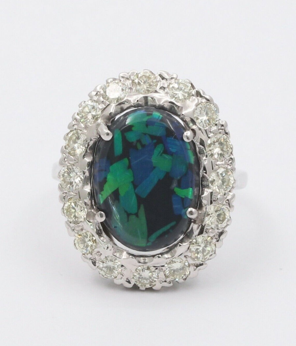 Vintage 14K White Gold Australian Black Opal Diamond Halo Setting Cocktail Ring