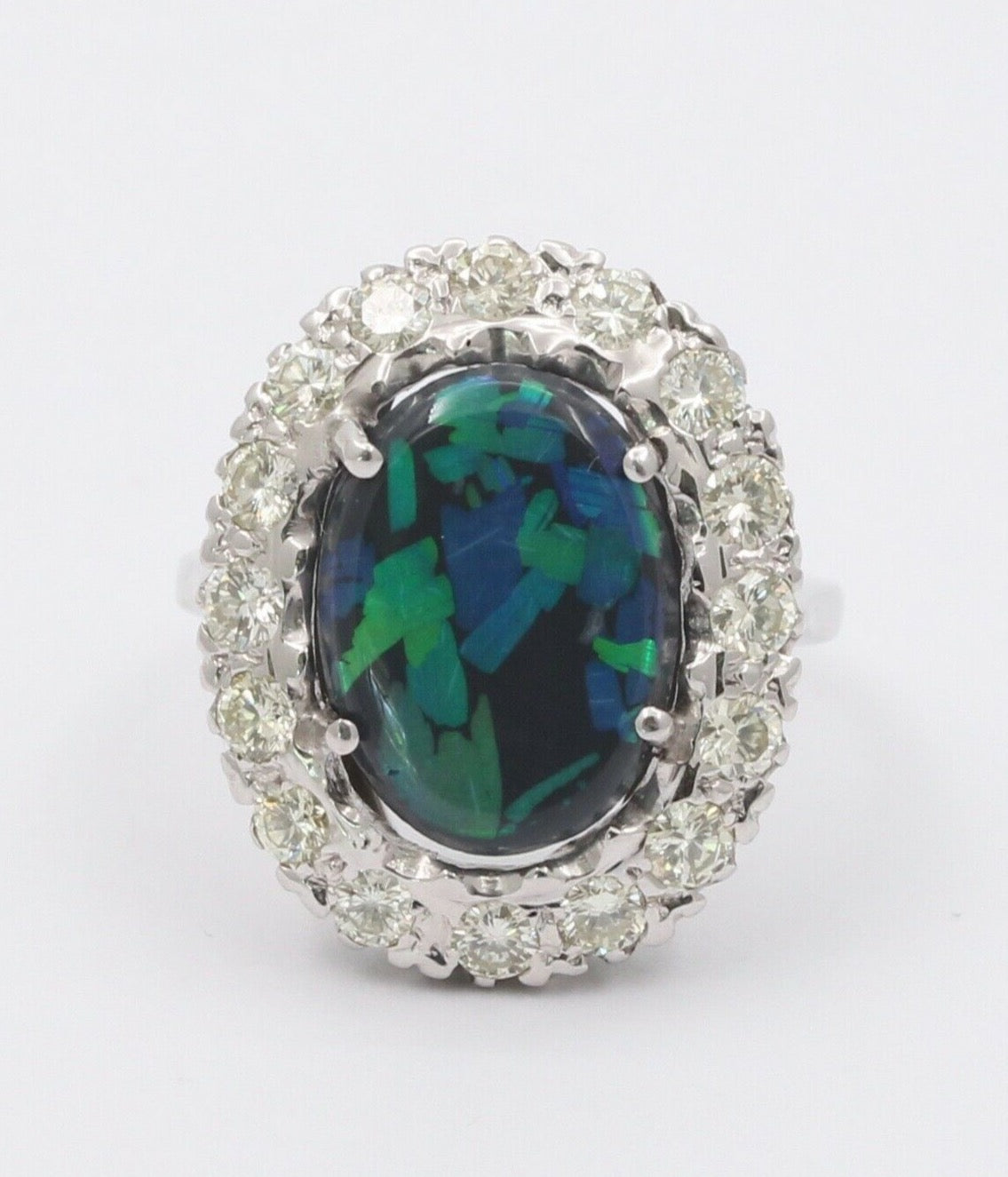 Vintage 14K White Gold Australian Black Opal Diamond Halo Setting Cocktail Ring