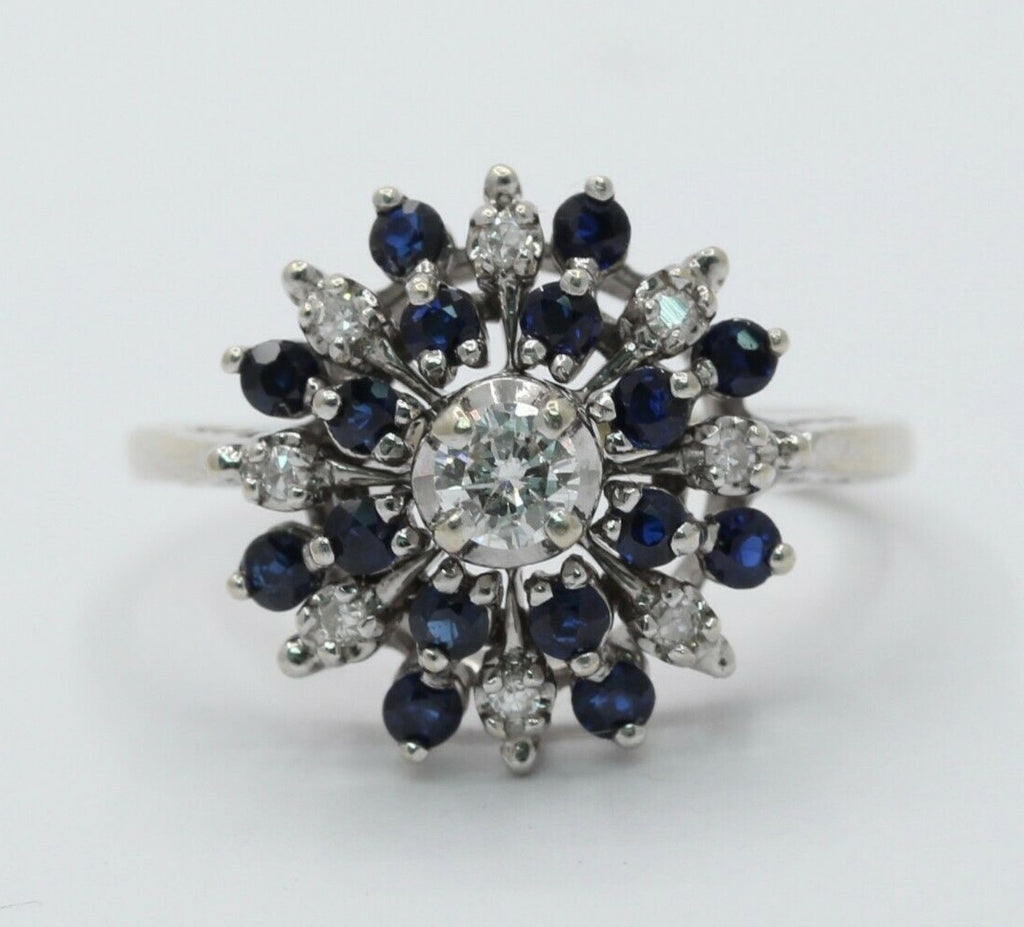 Vintage 14K White Gold Starburst Sapphire Diamond Ring