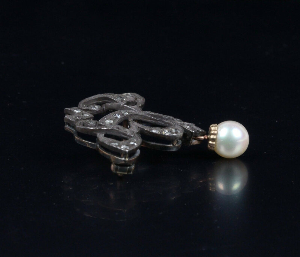 Victorian 10K Yellow Gold and Silver Diamond Pearl Brooch