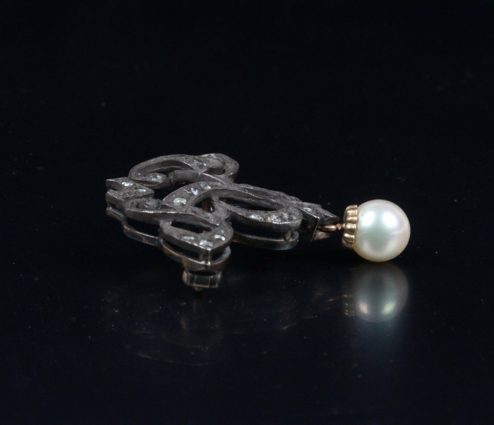 Victorian 10K Yellow Gold and Silver Diamond Pearl Brooch