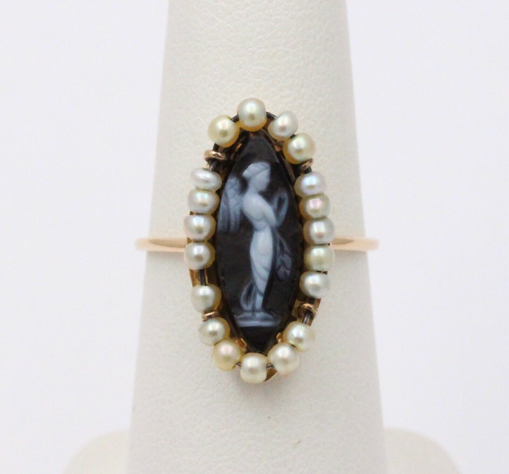 Victorian Navette Cameo Agate Natural Pearls 14K Yellow Gold Ring