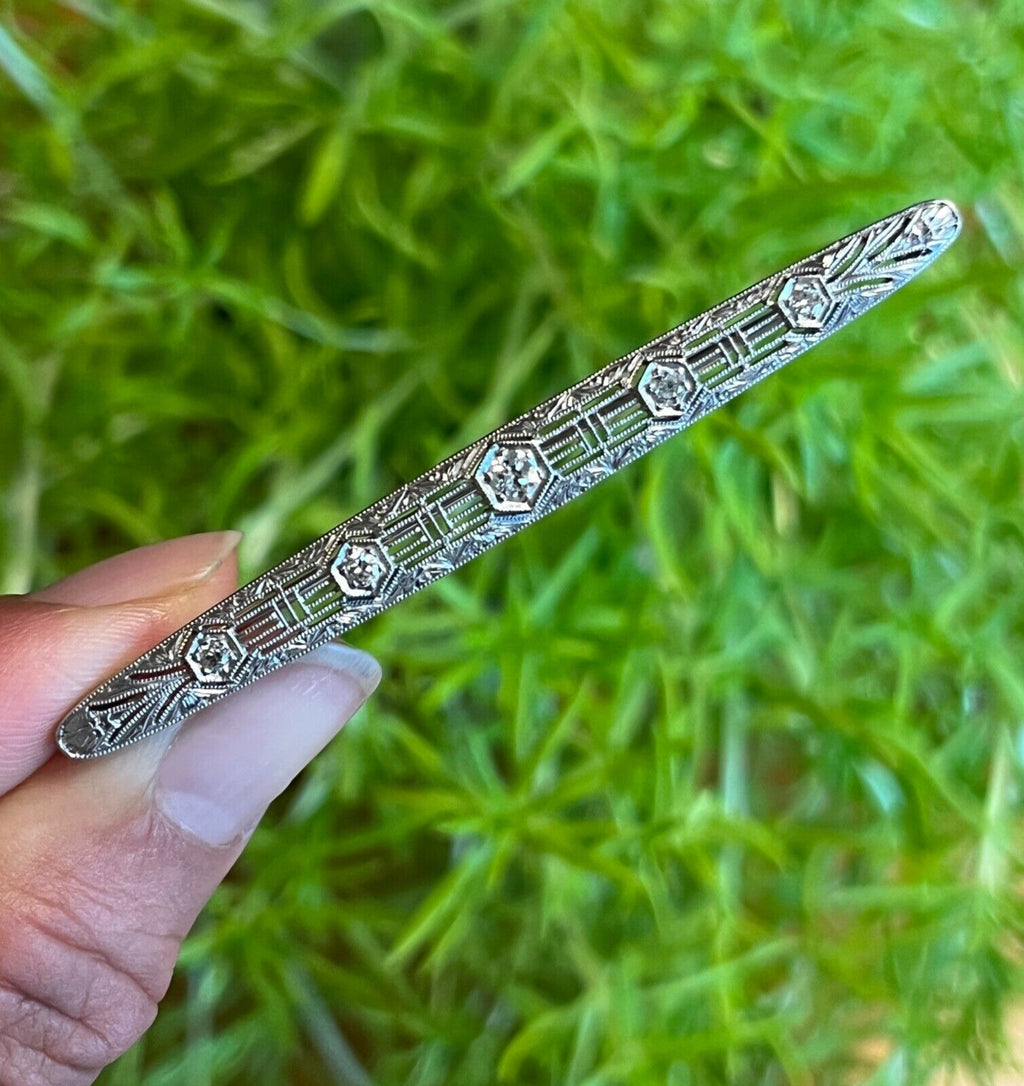 Art Deco 14K White Gold Diamond Filigree Bar Pin, Brooch