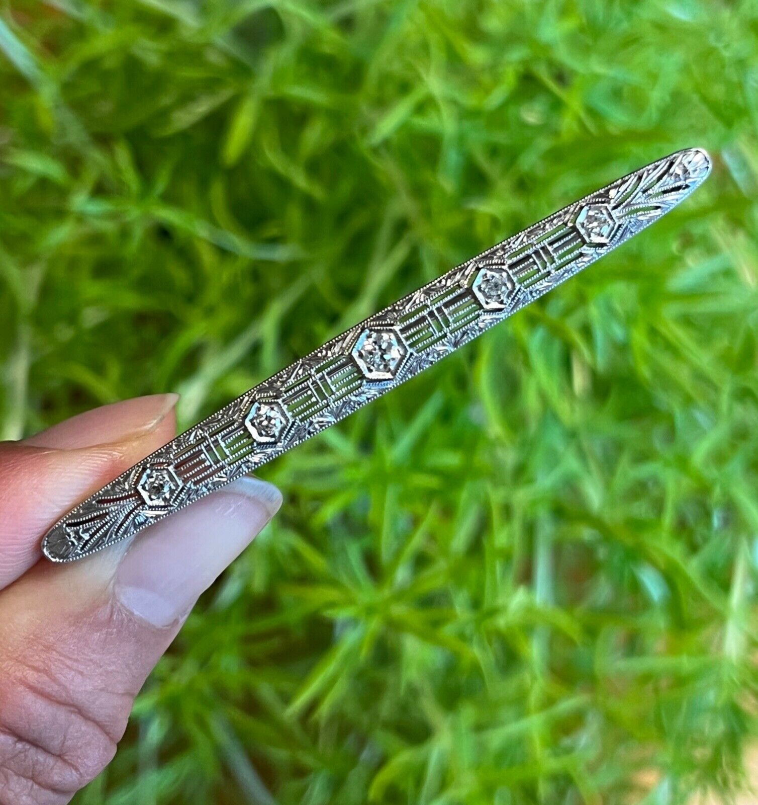 Art Deco 14K White Gold Diamond Filigree Bar Pin, Brooch