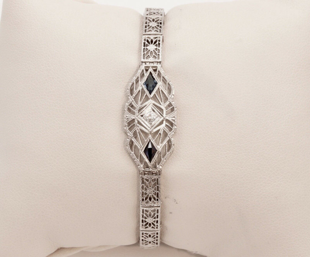 Art Deco Diamond Blue Sapphire 14K White Gold Filagree Bracelet