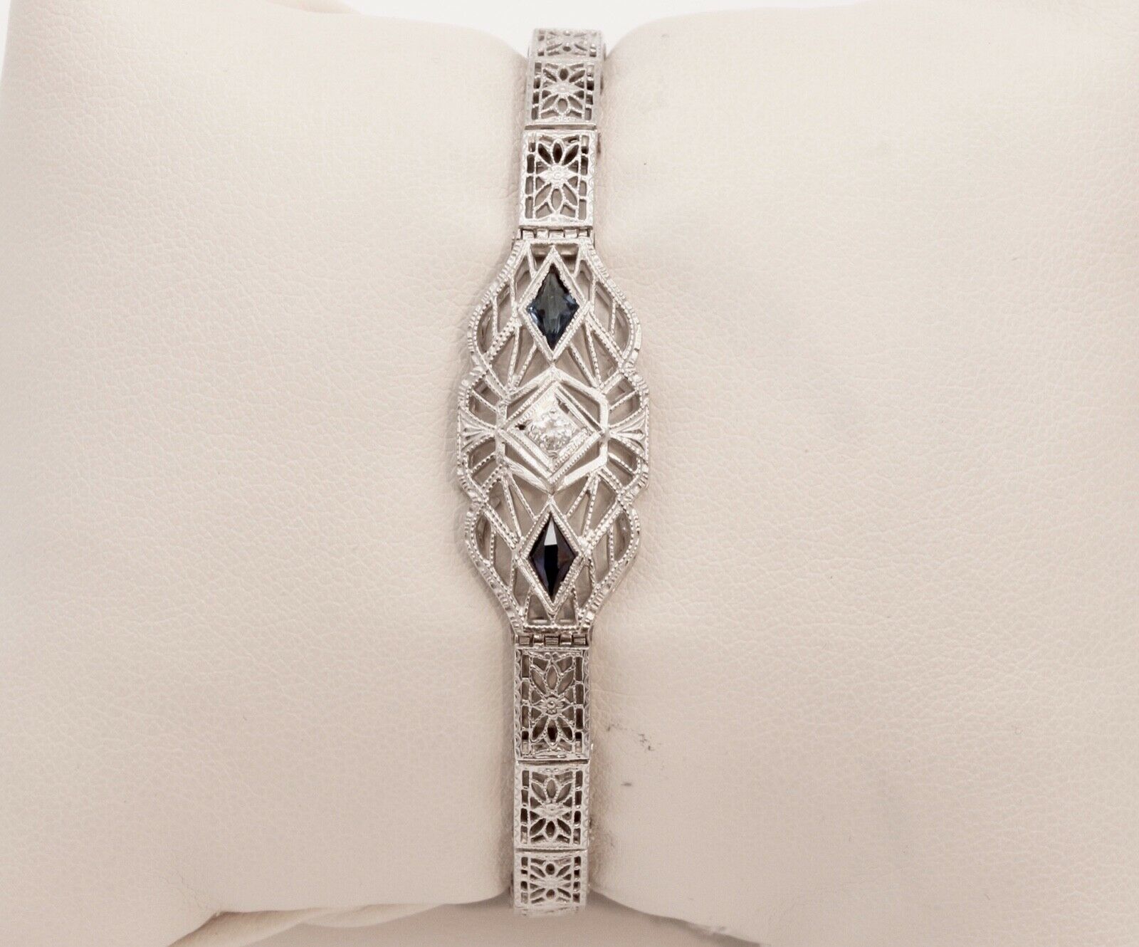 Art Deco Diamond Blue Sapphire 14K White Gold Filagree Bracelet