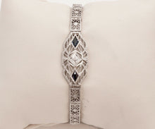 Load image into Gallery viewer, Art Deco Diamond Blue Sapphire 14K White Gold Filagree Bracelet
