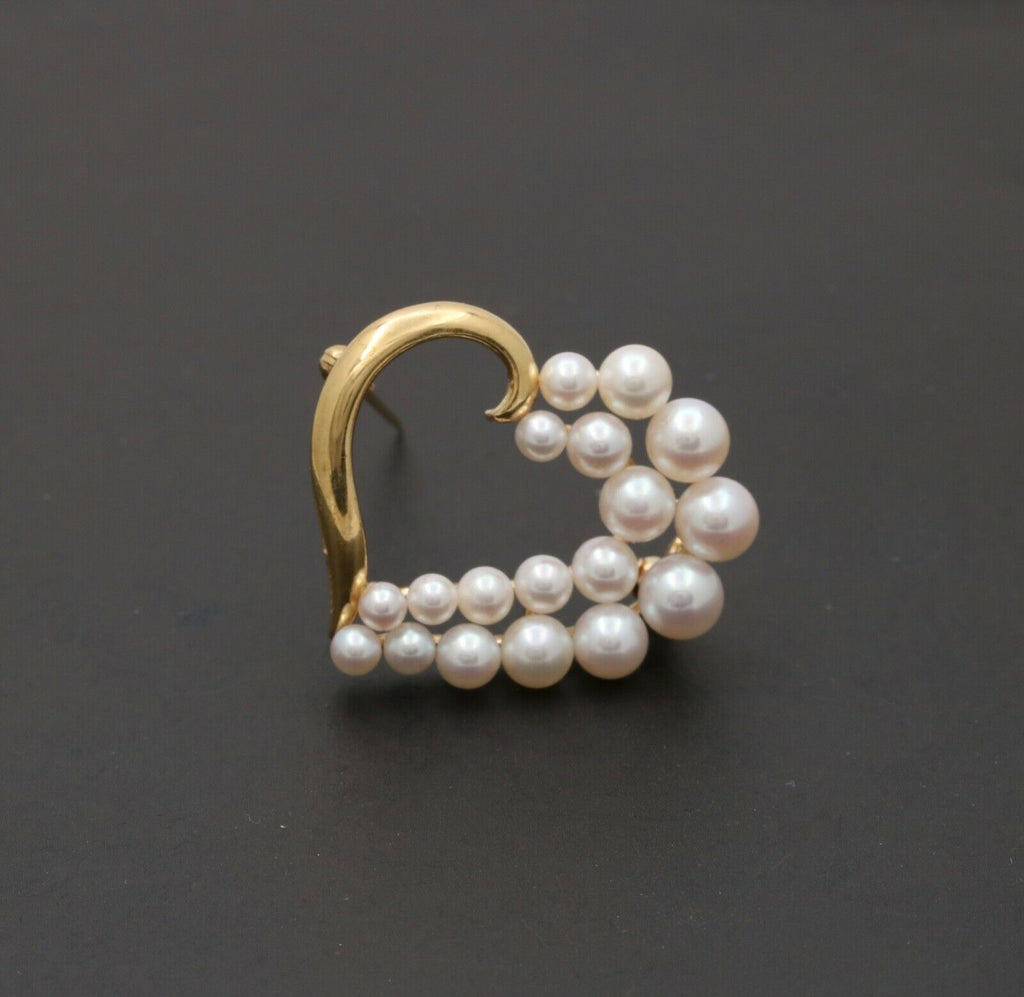 Mikimoto Heart 18K Yellow Gold Akoya Pearls Brooch Pin