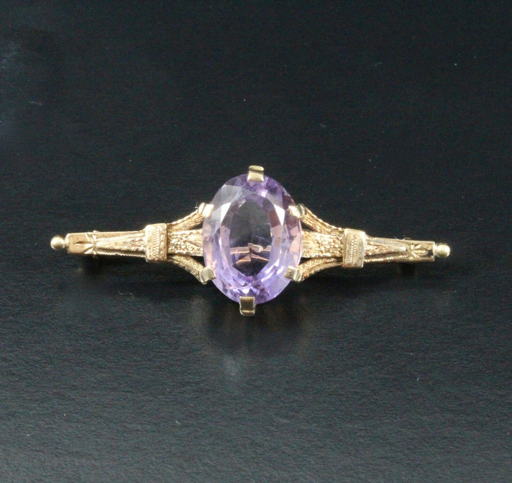 Vintage 14K Yellow Gold Amethyst Bar Brooch, Pin.