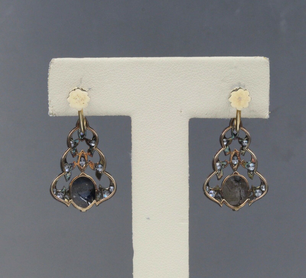 Victorian 14K Yellow Gold and Silver Black Star Sapphire Chandelier Earrings