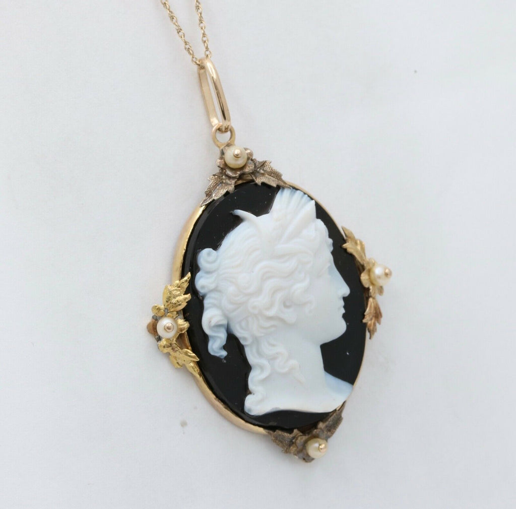 Victorian Cameo Seed Pearls Onyx 14K Yellow Gold Pendant