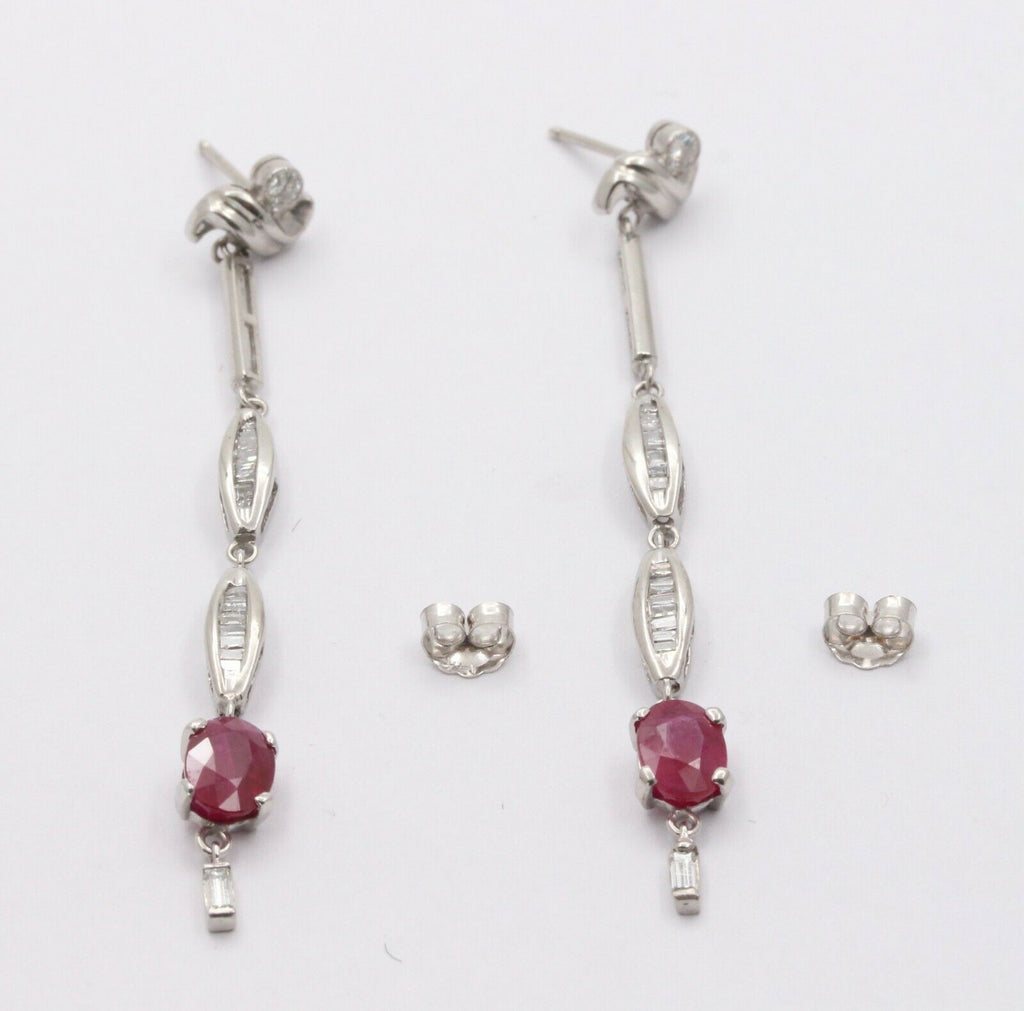 Vintage 14K White Gold Hanging Ruby Diamond Earrings