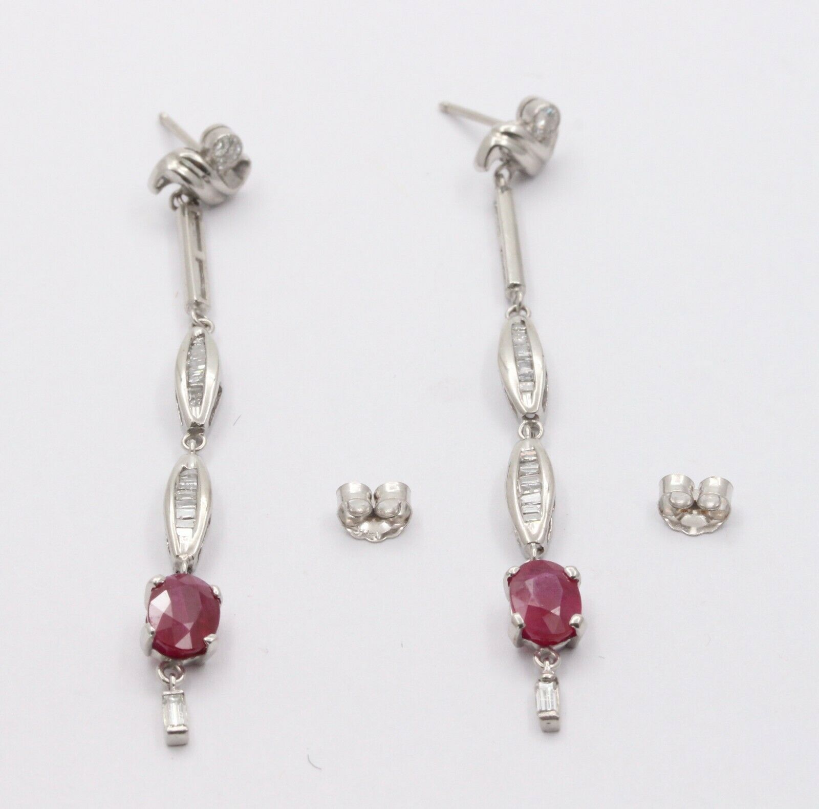 Vintage 14K White Gold Hanging Ruby Diamond Earrings