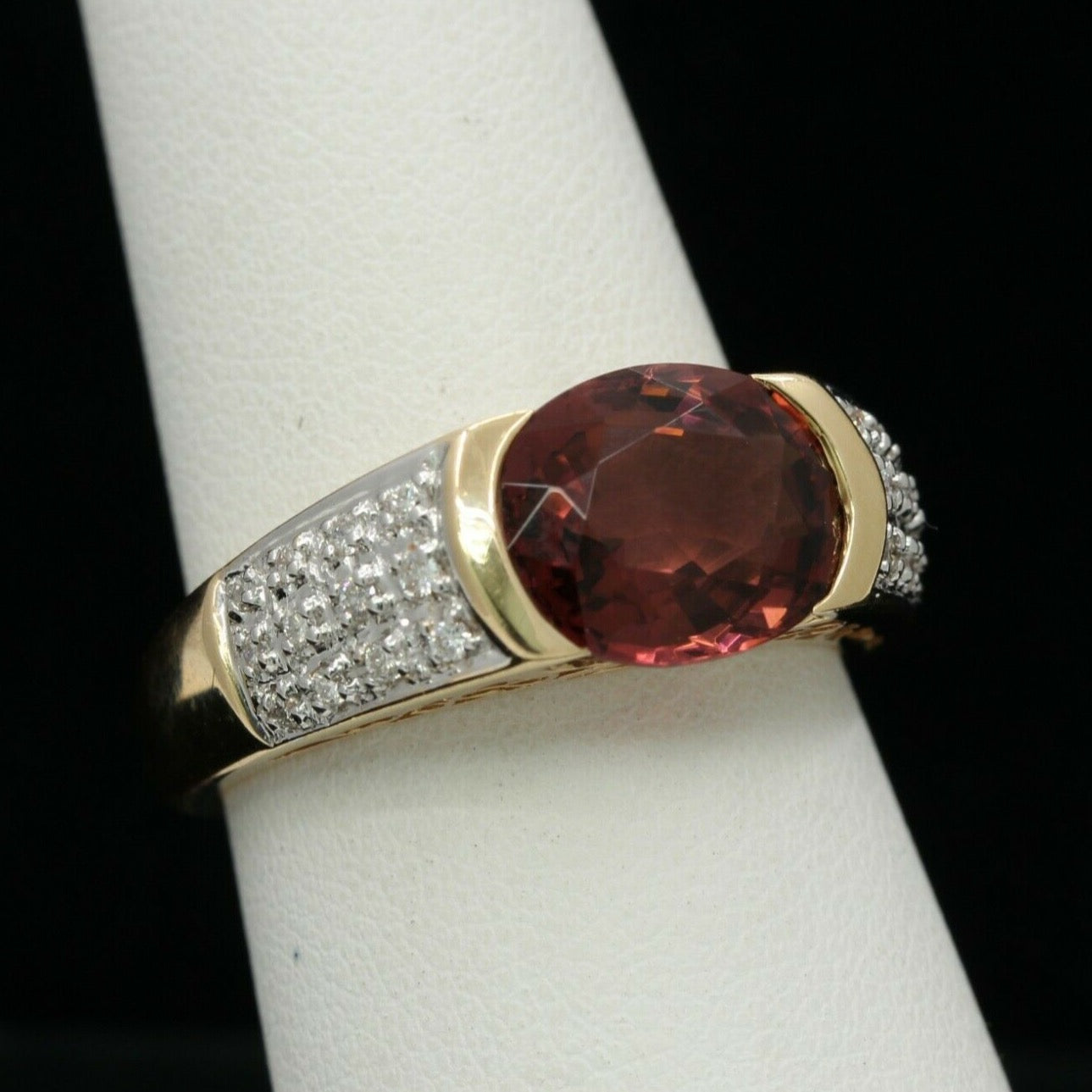 Vintage 14K Yellow Gold Diamond Orangy Pink Tourmaline Ring