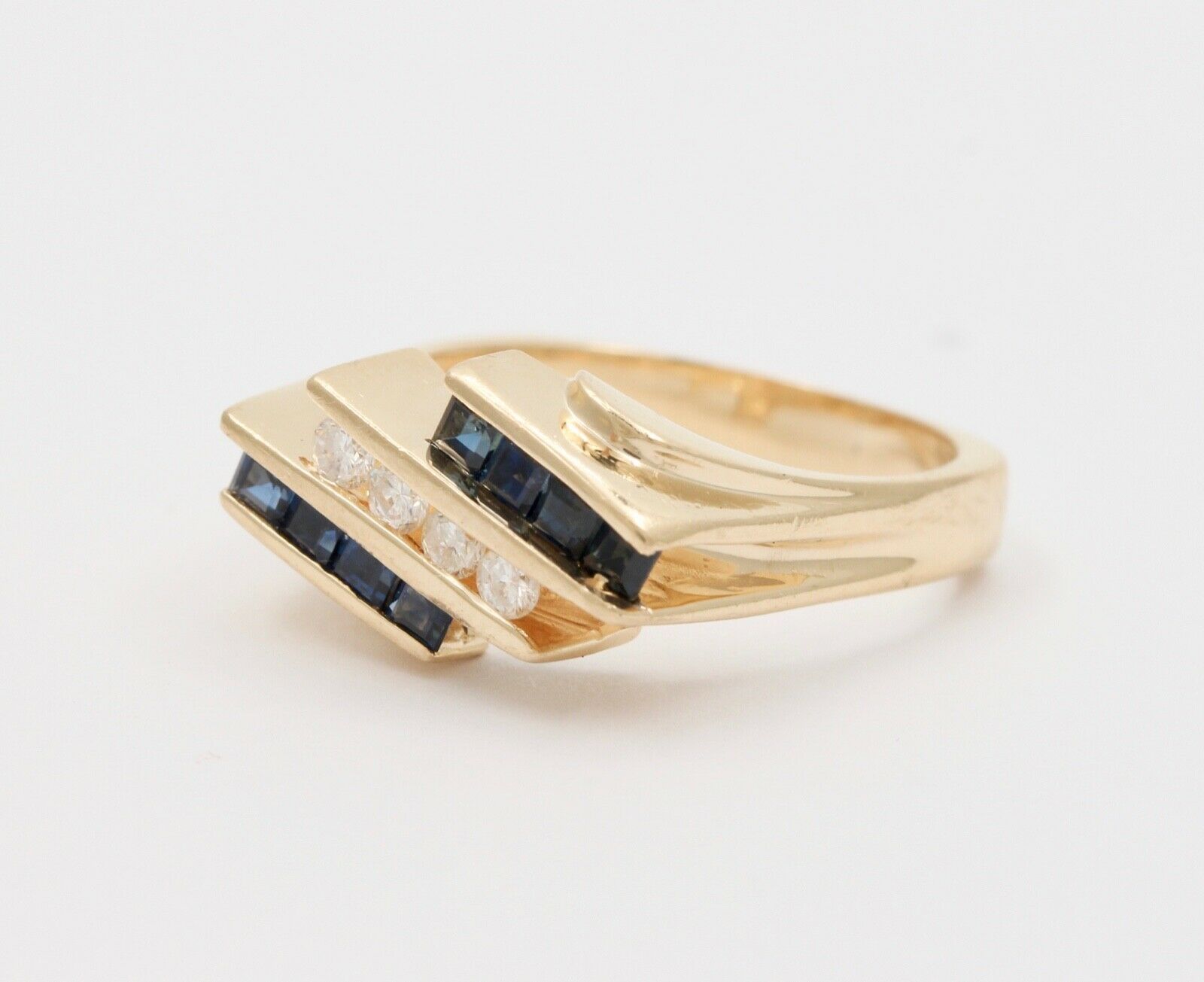 Vintage Geometric Bypass Diamonds Sapphires 14K Yellow Gold Ring