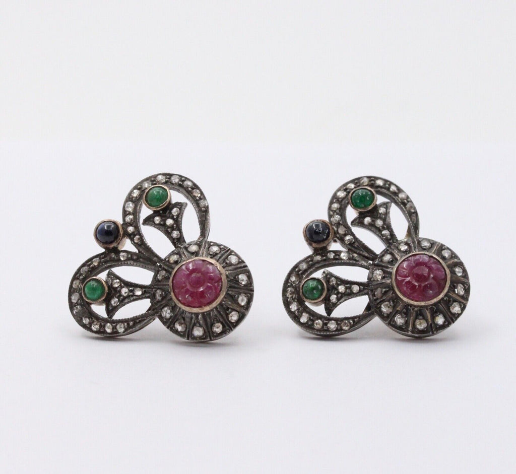 Antique 14K Gold & Silver Diamond, Ruby, Emerald and Sapphire Earrings
