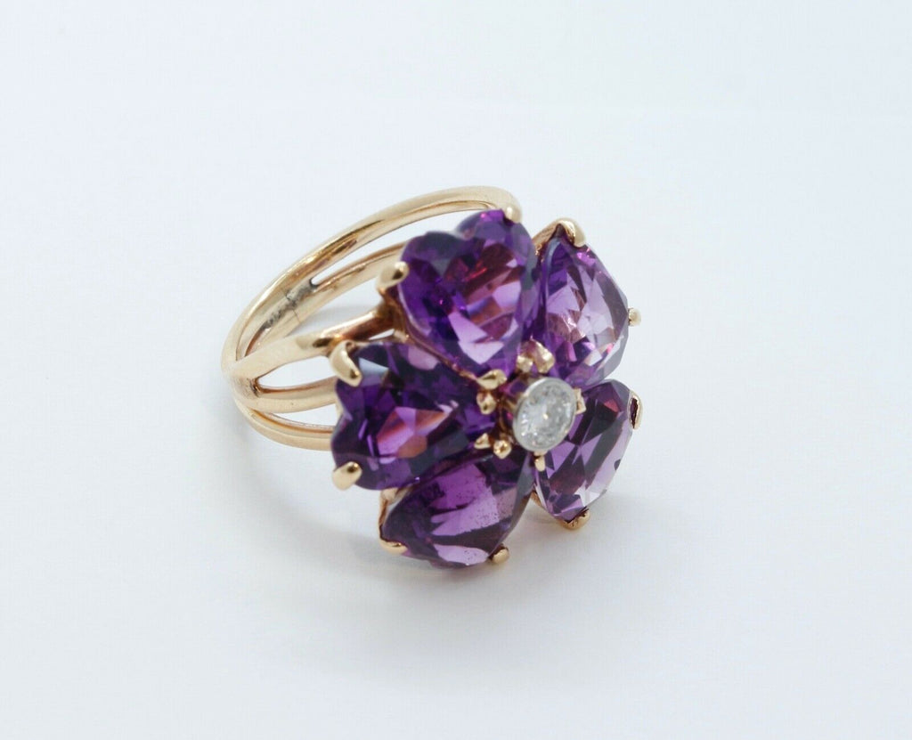 Vintage Siberian Amethyst Hearts Diamond 14K Yellow Gold Ring