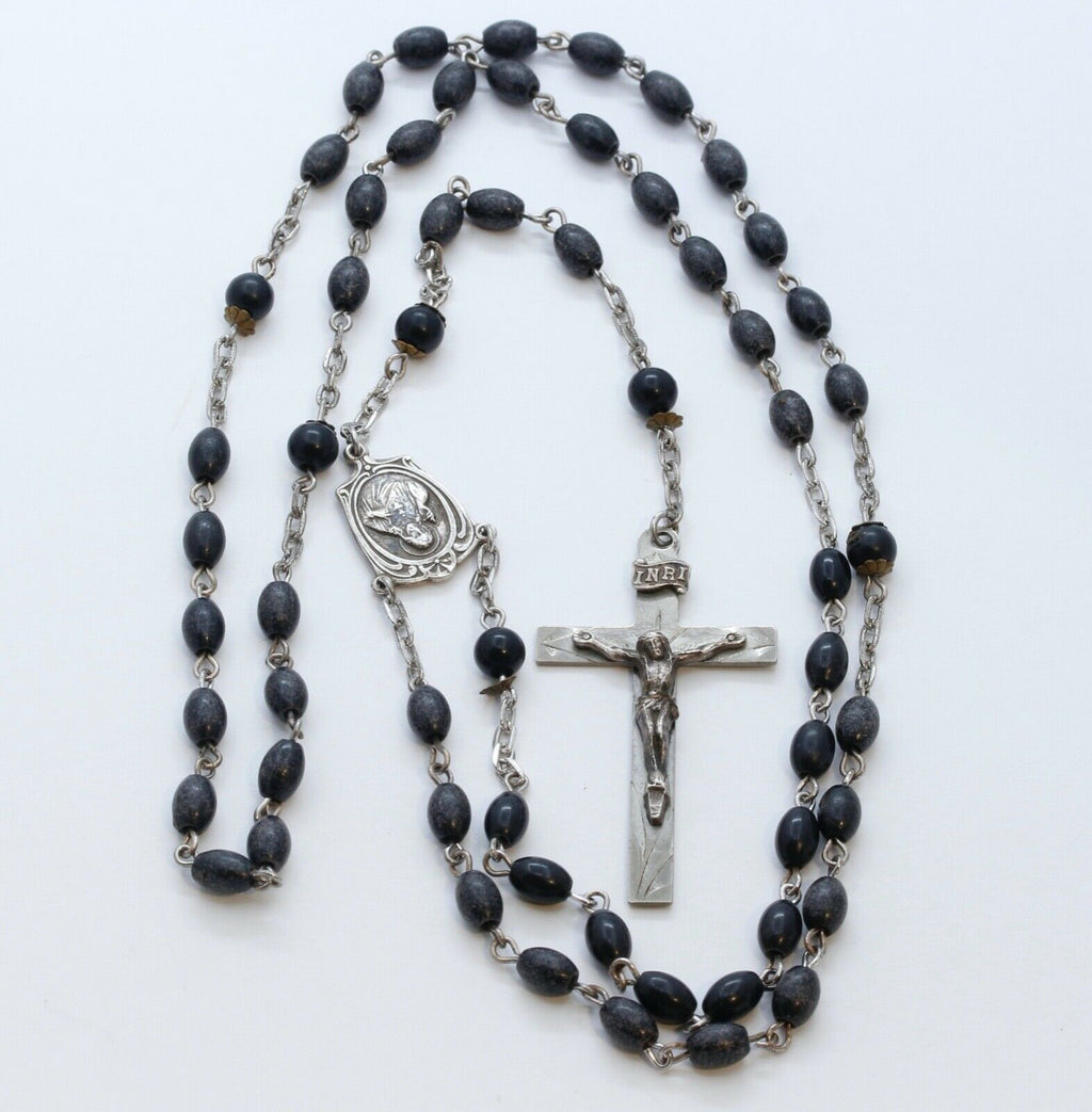 Vintage Sterling Silver Wood Beads Rosary