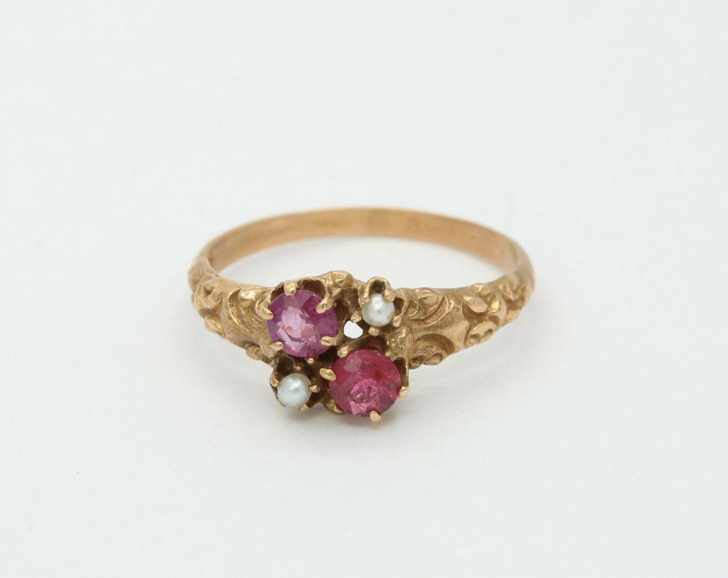 Victorian 14K Rose Gold Seed Pearl Ruby Promise Ring
