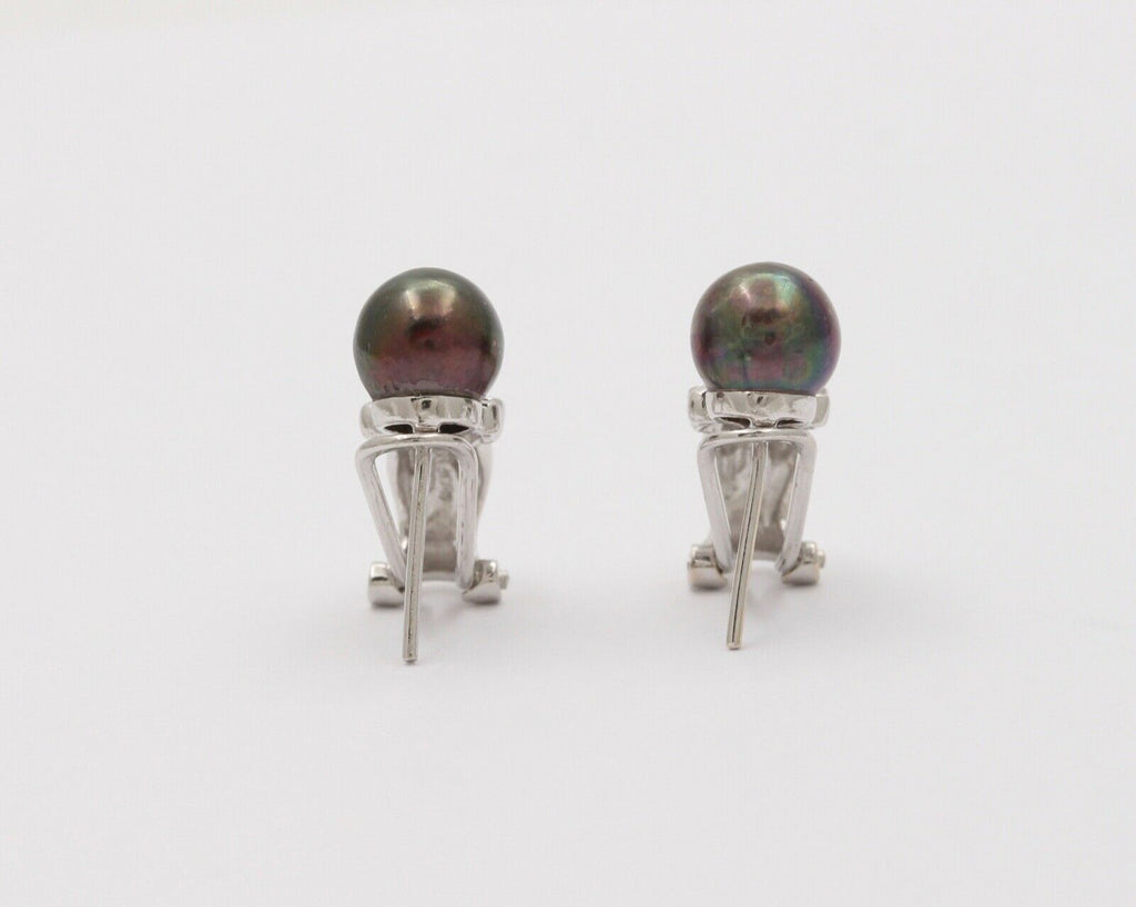 Vintage Tahitian Black Pearls Diamonds 14K White Gold Earrings