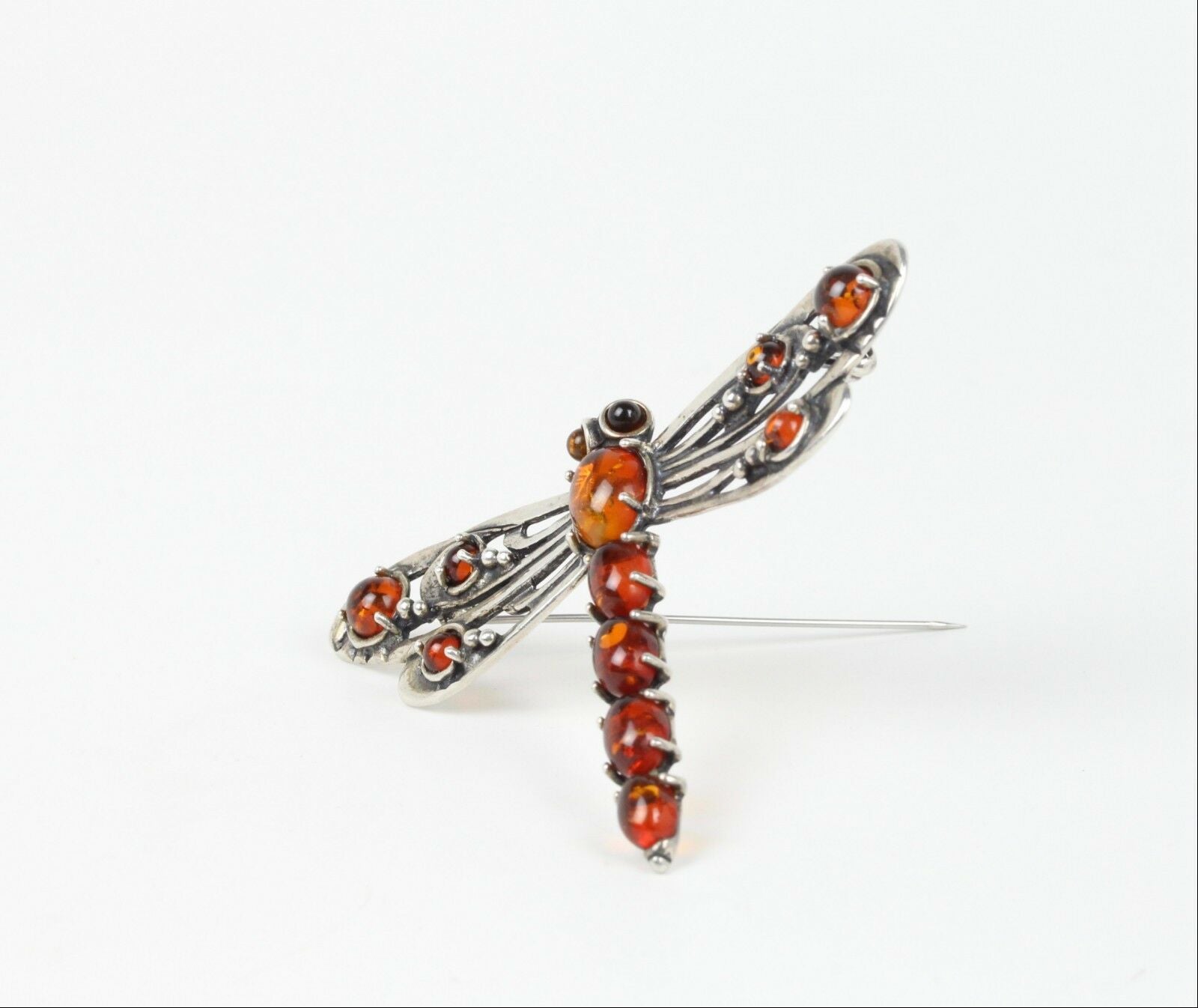 Vintage Dragonfly Amber Sterling Silver Ladies Brooch Pin