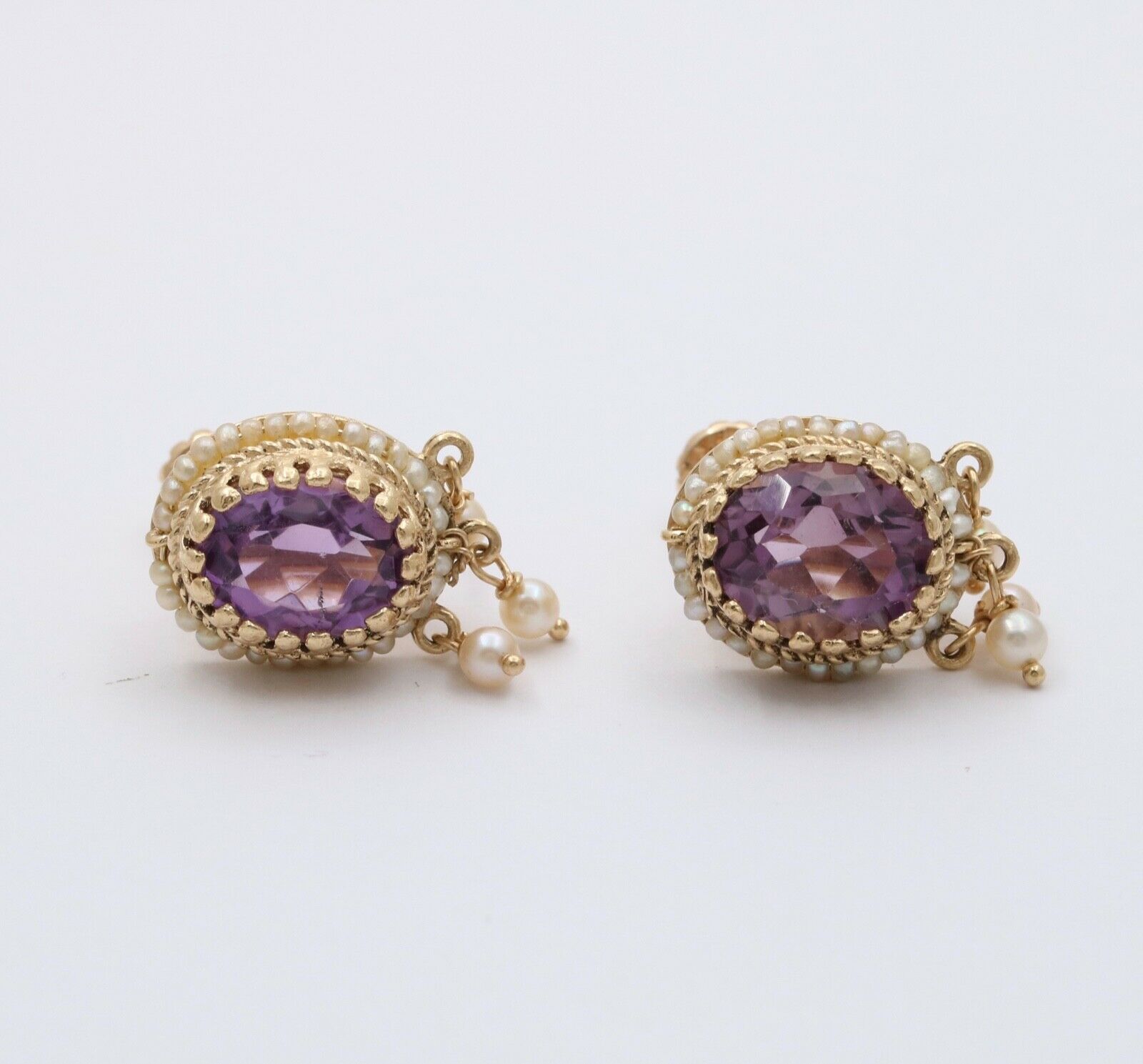 Victorian Revival Amethyst Pearls 14K Yellow Gold Earrings