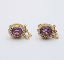 Load image into Gallery viewer, Victorian Revival Amethyst Pearls 14K Yellow Gold Earrings
