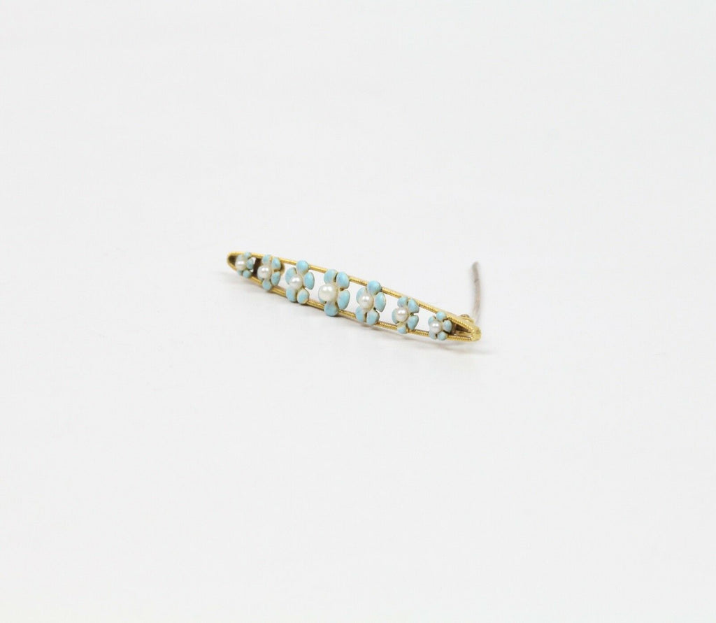 Art Nouveau 14K Yellow Gold Forget Me Not Flower Enamel Bar Pin